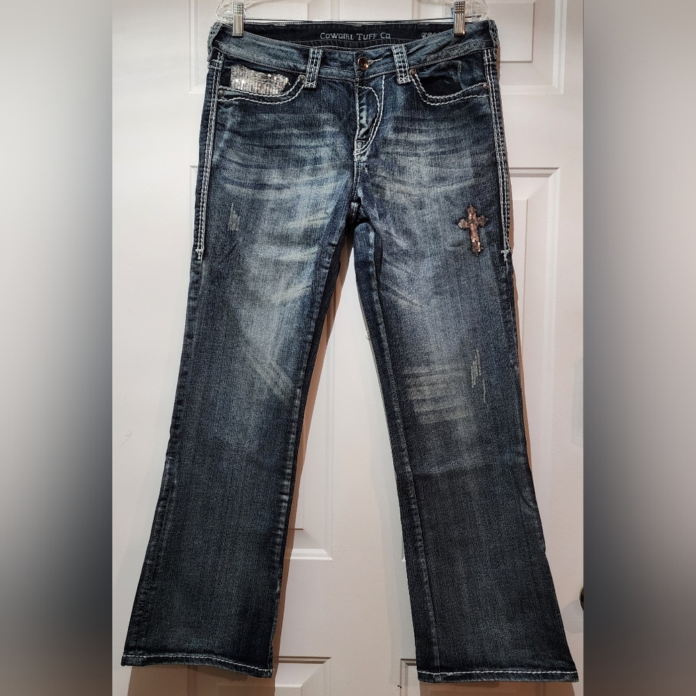 Cowgirl Tuff Women's Denim Blue Jeans 31x31 Boot Cut - "Crosses"